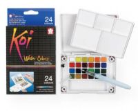 Koi XNCW-24N Watercolor Paint Pocket Field Sketch 24-Color Set; Specially formulated half pan watercolors allow blending for an endless color range; Each set contains a brush with a unique water reservoir barrel to carry water in the kit, two dabbing sponges, and a heavy-duty case with a detachable, pegged palette; The snap lid also acts as an easel for postcard sized paper; UPC 084511388956 (KOIXNCW24N KOI-XNCW24N KOI-XNCW-24N KOI-XNCW24N WATERCOLOR) 