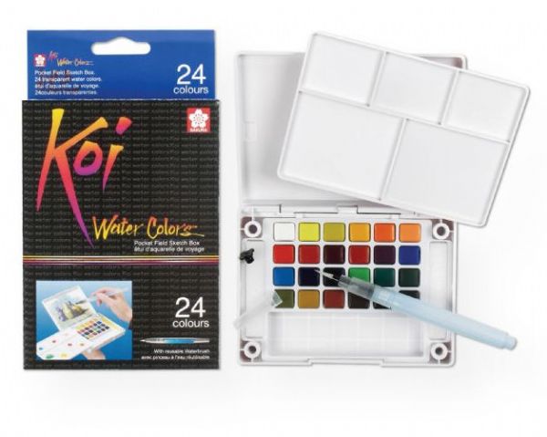 Koi XNCW-24N Watercolor Paint Pocket Field Sketch 24-Color Set; Specially formulated half pan watercolors allow blending for an endless color range; Each set contains a brush with a unique water reservoir barrel to carry water in the kit, two dabbing sponges, and a heavy-duty case with a detachable, pegged palette; The snap lid also acts as an easel for postcard sized paper; UPC 084511388956 (KOIXNCW24N KOI-XNCW24N KOI-XNCW-24N KOI-XNCW24N WATERCOLOR)