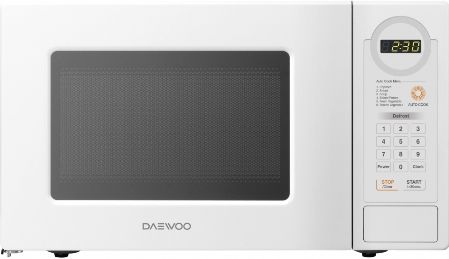 Daewoo KOR-7L7EW White Countertop Microwave, 0.7 Cu.Ft. capacity, Concave Reflex System, 700W power output, Dual wave system for even cooking, 10 Power Cooking Levels, 6 Auto Cook Menu, Auto Defrost Menu, Child-safety Lock System, Clock Display, Cavity Dimensions (WxHxD) 11.6