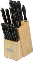 Oceanstar KS1187 Traditional 15-Piece Knife Set with Block, Traditional natural color wood block, High carbon stainless steel material makes the edge fine and sharp, Stainless steel blade goes through handle with full tang construction for strength, Santoku knife with air pocket for easy food release, Fourteen slots block, UPC 895908001187 (KS-1187 KS 1187) 