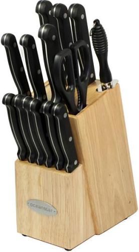 Oceanstar KS1187 Traditional 15-Piece Knife Set with Block, Traditional natural color wood block, High carbon stainless steel material makes the edge fine and sharp, Stainless steel blade goes through handle with full tang construction for strength, Santoku knife with air pocket for easy food release, Fourteen slots block, UPC 895908001187 (KS-1187 KS 1187)