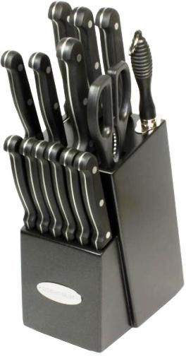 Oceanstar KS1194 Contemporary 15-Piece Knife Set with Block, Elegant black finished wood block, High carbon stainless steel material makes the edge fine and sharp, Stainless steel blade goes through handle with full tang construction for strength, Santoku knife with air pocket for easy food release, Fourteen slots block, UPC 895908001194 (KS-1194 KS 1194)