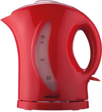 Brentwood KT-1619 Cordless Plastic Tea Kettle, Red, 1.7 Liter Capacity, 1200 Watts Power, Water Level Window, Auto Overheat Protection, Auto Shut Off When Water Starts Boiling or Dries, Lid Opens for Easy Filling and Cleaning, Detaches from Base for Greater Serving Portability, Faster & More Efficient than a Microwave, UPC 181225816192 (KT1619 KT 1619) 