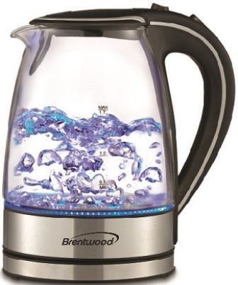 Brentwood KT-1900BLK Borosilicate Glass Tea Kettle, Black, 1100 Watts Power, 1.7 Liter Capacity, Removable Filter, 360 Degree Cordless Base, Blue LED Light, cETL Approval Code, UPC 812330020500 (KT1900BLK KT 1900BLK KT-1900 KT1900-BLK) 