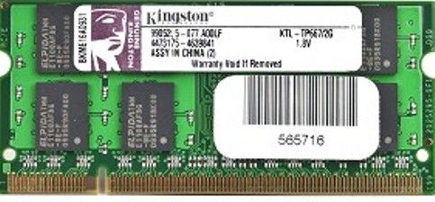 Kingston KTL-TP667/1G DDR2 Sdram Memory Module, 1 GB Memory Size, DDR2 SDRAM Memory Technology, 1 x 4 GB Number of Modules, 667 MHz Memory Speed, DDR2-667/PC2-5300 Memory Standard, Unbuffered Signal Processing, 200-pin Number of Pins, UPC 740617090048 (KTLTP6671G KTL-TP667-1G KTL TP667 1G)