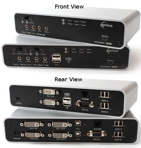 Opticis KVMX-100-TR Two PCs Switchable Dual-head DVI Optical KVM Extender; Switches and Controls Two PCs, 2:1 KVM switch function; Supports two single-link DVI displays up to WUXGA 1920 x 1200 resolution at 60Hz; Transmits DVI, USB HI, RS232 and audio signal up to 3280 feet over two duplex LC optical fibers (KVMX100TR KVMX100-TR KVMX-100TR KVMX 100TR KVMX100 TR KVMX 100 TR)