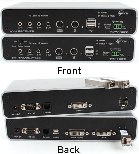 Opticis KVMX-201-TR Two Single Mode Fiber DVI KVM Extender; One or Two fibers connection by SFP module; Supports up to WUXGA 1920x1200 resolution at 60Hz; Transmits DVI, USB HID, PS/2, RS232 and audio signal up to 3280 feet over one LC optical fiber; Operates with single mode fibers, Up to 3280 feet with one or two LC single mode fibers; (KVMX201TR KVMX201-TR KVMX-201TR KVMX 201TR KVMX201 TR KVMX 201 TR)