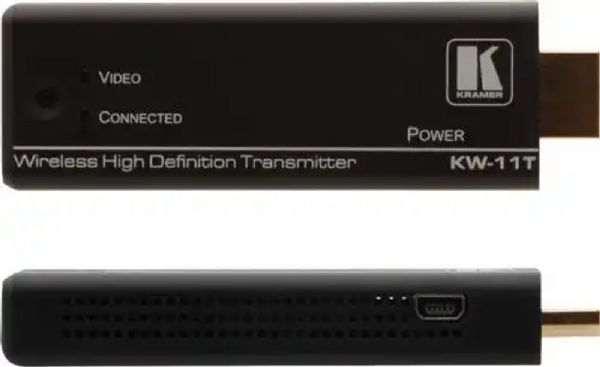 Kramer Electronics KRA-KW11 Wireless High Definition Transmitter/Receiver; Robust MIMO 5GHz Technology; Very Secure AV Link - Through AES-128 encryption; Zero Latency; HDMI Support - EDID, CEC and HDCP; Transmission Range - Up to 12m (39ft); No Line-of-Sight Requirement; STORAGE TEMPERATURE:: -40° to +70°C (-40° to 158°F); HUMIDITY:: 10% to 90%, RHL non-condensing; PRODUCT DIMENSIONS:: 14.60cm x 2.00cm x 9.50cm (5.75
