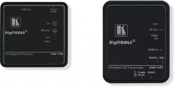 Kramer KW-14 Wireless HD Transmitter and Receiver; Max. Data Rate 6.75Gbps; Secure Link; Connection Capacity; Transmission Range; Automatic Frequency Selection; Auto EDID Adjustment; IR Remote Control; OSD (On Screen Display); HDCP Compliant; Zero Latency; Shipping Weight: 2.4 Lbs, Shipping Dimensions 13.82