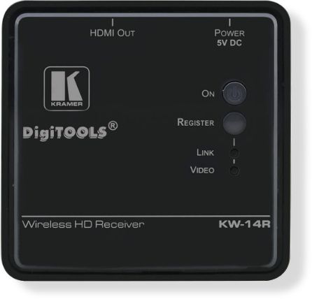 KRAMERKW14R Wireless HD Receiver; Max. Data Rate 6.75Gbps; Secure Link; Connection Capacity; Transmission Range; Automatic Frequency Selection; Auto EDID Adjustment; IR Remote Control; OSD (On Screen Display); HDCP Compliant; Zero Latency; Shipping Weight: 0.7 Lbs, Shipping Dimensions 9.13