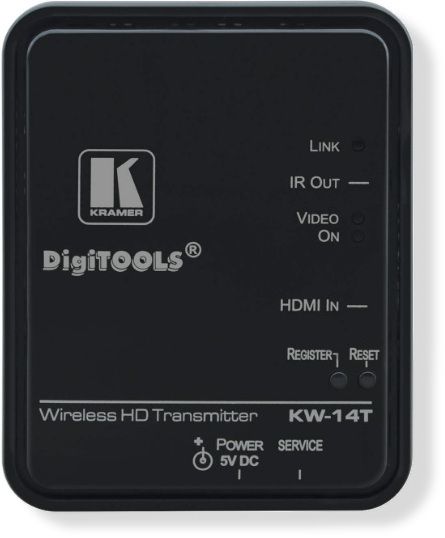KRAMERKW14T Wireless HD Transmitter; Max. Data Rate 6.75Gbps; Secure Link; Connection Capacity; Transmission Range; Automatic Frequency Selection; Auto EDID Adjustment; IR Remote Control; OSD (On Screen Display); HDCP Compliant; Zero Latency; Shipping Weight: 0.8 Lbs, Shipping Dimensions 9.13