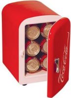 Koolatron KWC-4 Coca-Cola Personal 6-Can Mini Fridge, 4-Liter mini fridge holds up to 612-ounce cans of soda, Cools up to 40-degrees below ambient temperature, Self-locking recessed door handle, Removable shelf, Vibrant red exterior with white Coca-Cola trademark (KWC 4 KWC4 KWC-4) 