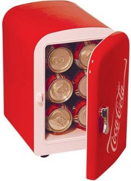 Koolatron KWC-4 Coca-Cola Personal 6-Can Mini Fridge, 4-Liter mini fridge holds up to 612-ounce cans of soda, Cools up to 40-degrees below ambient temperature, Self-locking recessed door handle, Removable shelf, Vibrant red exterior with white Coca-Cola trademark (KWC 4 KWC4 KWC-4)