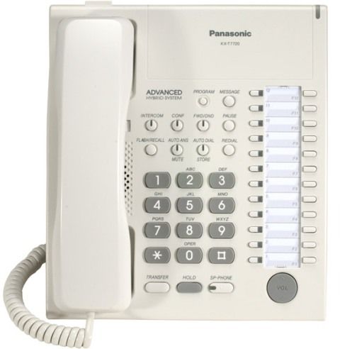 Panasonic KX-T7720 Digital Phone, Keypad Dialer Type, White, Base Dialer Location, Conference Call Capability, Intercom, Speakerphone, Call Transfer, Call Hold, Message Waiting Capability, Volume Control, Recall button, flash button, pause button, redial button Function Buttons, 24 Programmable Buttons Qty, New message indicator Indicators, 3-step Ringer Control, 1 x headset jack Connections, Wall-mountable, table-top Placing / Mounting (KX T7720 KXT7720)