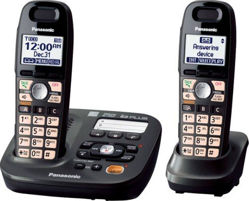 Panasonic KX-TG6592T Cordless Phone, DECT 6.0 Plus Cordless Phone Standard, 1.9 GHz Frequency, 50 names & numbers Phone Directory Capacity, 5 Dialed Calls Memory, 50 names & numbers Caller ID Memory, Digital Answering System Type, 120 sec Max Outgoing Message Length, 18 min Recording Capacity, LCD display - monochrome, 1.8