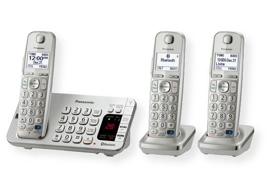 Panasonic Consumer Phones KX-TGE273S Link2Cell Bluetooth Cordless Phone with Large Keypad with 3 Handsets; Silver; Sync smartphone to home phone, no landline required; Link up to two smartphones to make and receive cell calls with Link2Cell handsets; Never miss a text with talking ID alerts from Link2Cell handsets; UPC 885170183032; (KXTGE273S KX TGE273S KX-TGE273S KXTGE273S-PANASONIC KX-TGE273S-PHONES HANDSET-KX-TGE273S) 
