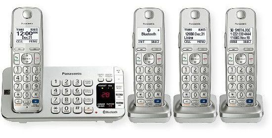 Panasonic Consumer Phones KX-TGE274S Link2Cell Bluetooth Cordless Phone with Large Keypad with 4 Handsets; Silver; Sync smartphone to home phone, no landline required; UPC 885170183049 (KXTGE274S KX TGE 274S KX-TGE-274S KXTGE274S-PANASONIC KX-TGE274S-PHONES 2-HANDSET-KX-TGE274S)