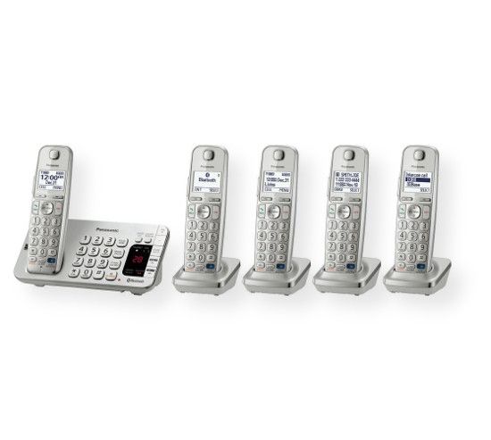Panasonic Consumer Phones KX-TGE275S Link2Cell Bluetooth Cordless Phone with Large Keypad includes 5 Handsets; Silver; Sync smartphone to home phone, no landline required; Link up to two smartphones to make and receive cell calls with Link2Cell handsets; UPC 885170181465 (KXTGE275S KX TGE275S KX-TGE275S KXTGE275S-PANASONIC KX-TGE275S-PHONES 2-HANDSET-KX-TGE275S)