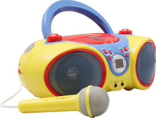 HamiltonBuhl Kids-CD30 Kids Audio CD Player Karaoke Machine with Microphone; Colorful CD player includes sing-along microphone; Displays track number and fast track search function; Dynamic microphone with ON/OFF switch, 4' mic cable and 3.5mm plug (600 ohms impedance); A pair of 2-way / 2