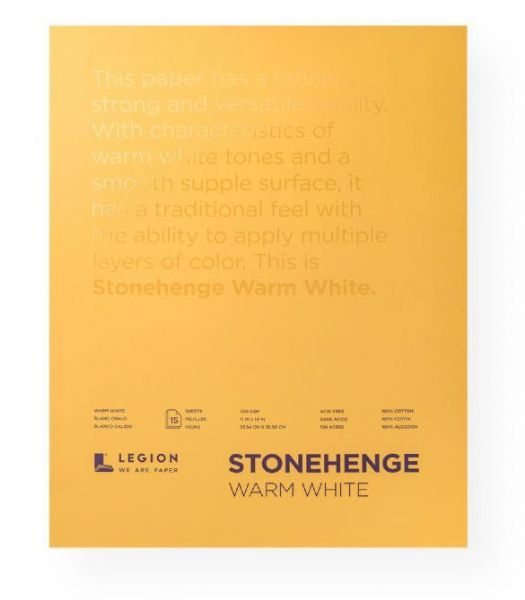 Stonehenge L21-STP250WW1114 Warm White Pads; Stonehenge is an affordable paper that offers archival qualities at a machine-made price; Made in the USA from buffered, acid-free 100% cotton, this versatile paper has a smooth, flawless vellum surface with a slight tooth and a fine, even grain; UPC 645248440654 (L21STP250WW1114 STONEHENGE-L21STP250WW1114 STONEHENGE-L21-STP250WW1114 DRAWING PAPER)