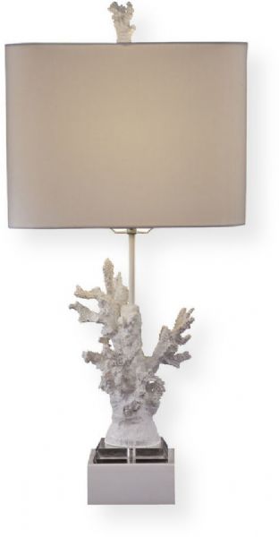 Bassett Mirror L2667TEC High Gloss Table Lamp, High gloss white coral motif, Off white drum shade with matching coral finial, One light, Metal Material, Island Decor, White Finish, Restoration Class, 28