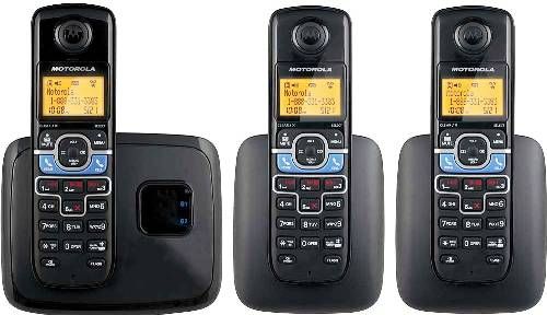 Motorola L703BT DECT 6.0 Cordless Phone with Bluetooth Linking and 3 Handsets, Two line operation PSTN (Landline) & Mobile Phone (via Bluetooth Link), Caller ID w/ 30 Name & Number Storage, Digital answering machine on the handset and has a three-line backlit display, 10 Selectable Ringtones, Handset Speakerphones, UPC 816479010613 (L703-BT L703B L703)
