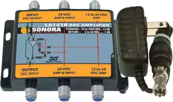 Sonora LA141RT SWiM Output Amplifier with Integrated Sub-Band Diplexer, 54 MHz to 3.50 GHz, SWiM Output Amplifier with Integrated Sub-Band Diplexer, Indoor / Outdoor 54 to 3500 MHz DBS line powered amplifier with forward gain and subband 2 to 40 MHz passive return, 54 MHz Minimum Frequency, 3.50 GHz Maximum Frequency, 29 V DC Input Voltage, Cast Aluminum Material, Dimensions 5.5