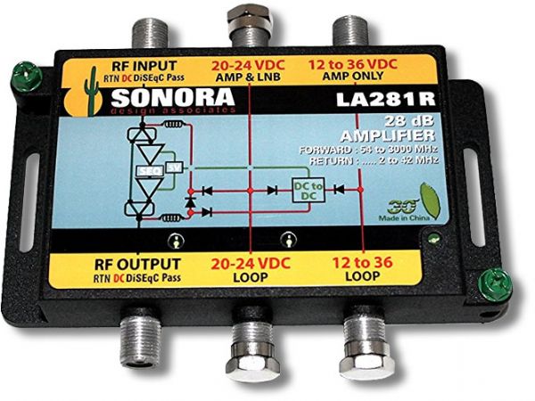 Sonora Desing LA281RT SWM Extension Line Amplifier, Indoor / Outdoor 54 to 2400 MHz DBS line powered amplifier with forward gain and subband 2 to 40 MHz passive return, Provides 28 dB of gain which off sets an additional 300 ft of RG-6 or 400 feet of RG-11 cable runs, Passes 2 to 40 MHz signals for SWM and data modem communication, Weight 1.1 Lbs, UPC SONORADESIGNLA281RT (SONORADESIGNLA281RT SONORA DESIGN LA281RT LA 281RT LA281 RT LA 281 RT SONORA-DESIGN-LA281RT LA-281RT LA281-RT LA-281-RT)