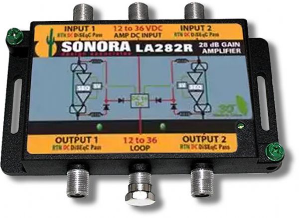 Sonora Desing LA282RT DBS And ATSC Amplifier, 175 to 2150 MHz ATSC / Ka/Ku bandwidth, -34 dBm High Input Ability, DiSEqC &2.3 MHz pass DC Passing RF Out to RF IN, Low insertion high efficiency power supply, Line or external DC multiple power options, 28dB typical amplification, Weight 1.2 Lbs (SONORADESIGNLA282RT SONORA DESIGN LA282RT LA 282RT LA282 RT LA 282 RT SONORA-DESIGN-LA282RT LA-282RT LA282-RT LA-282-RT)