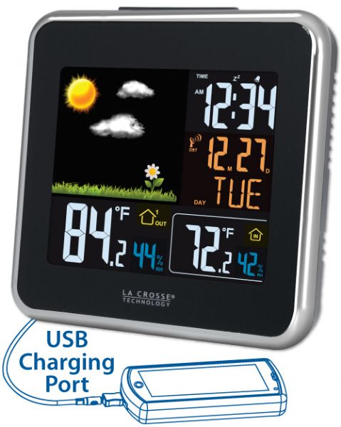 La Crosse Technology 308-146 Wireless Atomic Color Weather Station with USB Charging, Animated color forecast, In/out temp. & humidity, Heat index & dew point, Atomic time and date, Charges mobile devices with USB port, Heat index and dew point, Color forecast: sunny, partly sunny, cloudy, rainy, stormy, 12 hour forecast based on changing barometric pressure, UPC 757456985572 (308146 308-146 308 146 LACROSSETECHNOLOGY308146)