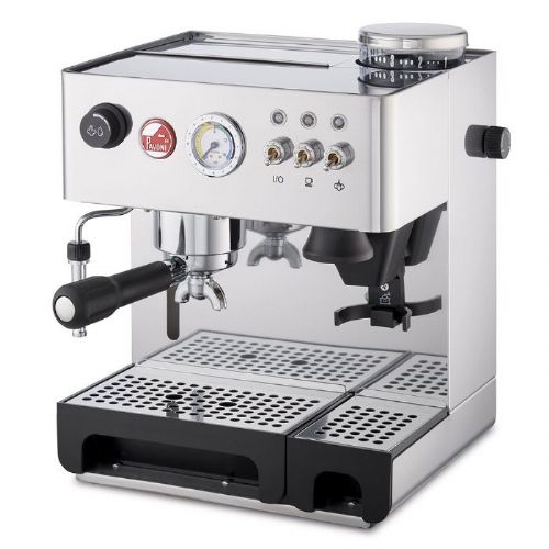 La Pavoni DMB Domus Bar Espresso Machine; Stainless steel body and filter; Built-in conical burr grinder with one touch doser; 100 oz. water reservoir; Removable drip trays; Marine brass boiler; Water level sight; Excess water return; 16 bars of pressure; Espresso heat shield; Made in Italy; Dimensions: 12 x 13 x 10 in.; Weight: 25 pounds; UPC: 725182900831 (LAPAVONIDMB LA PAVONI DMB COFFEE MACHINE) 