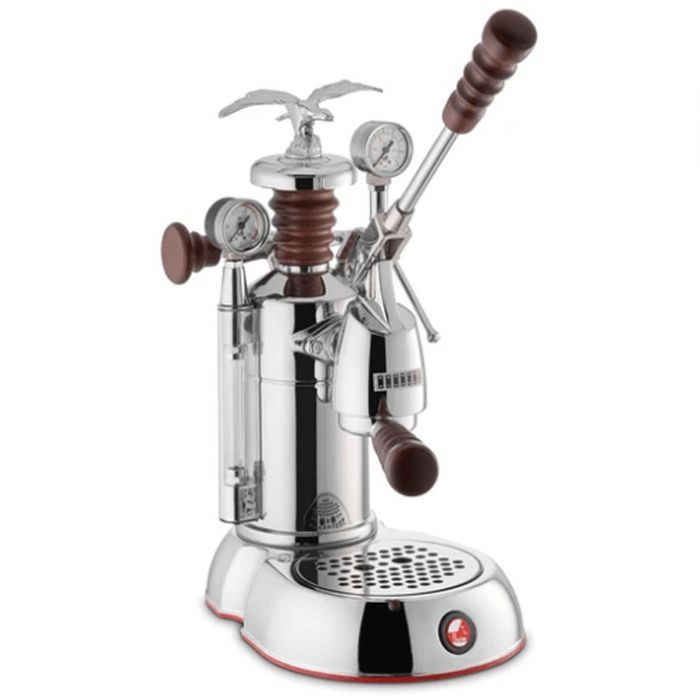 La Pavoni ESPAB-16 Esperto Abile 16 Cup Manual/Lever Espresso Machine; Mounted group pressure gauge; Custom rosewood lever handles, boiler cap and steam knobs; 3 embossed 
