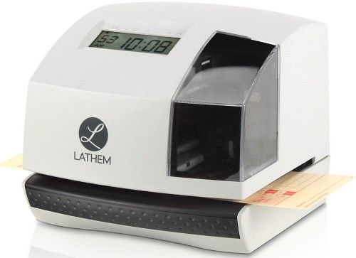 Lathem 100E Multi-Function Electronic Time Clock & Document Stamp; Large LCD display shows date, time and day of the week; Automatic printing for simply one-hand operation; 18 preset print formats and 13 preset message options; Offers AM/PM or 24 hour format; Print 2 or 4 digit years; Choose regular minutes, 1/10 or 1/100 of an hour; UPC 092447002594 (LATHEM100E LATHEM 100E)