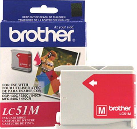 Brother LC-51M Print cartridge, Inkjet Print Technology, Magenta Print Color, Up to 400 pages at 5% coverage Duty Cycle, Genuine Brand New Original Brother OEM Brand, For use with Brother Printers DCP130C, MFC240C, MFC440CN, MFC665CW, MFC845CW, MFC2480C, MFC3360C, MFC5460CN, MFC5860CN and Brother Fax Machines, FAX1360, FAX1860, FAX1960, FAX2480, FAX2580C (LC-51M LC 51M LC51M)