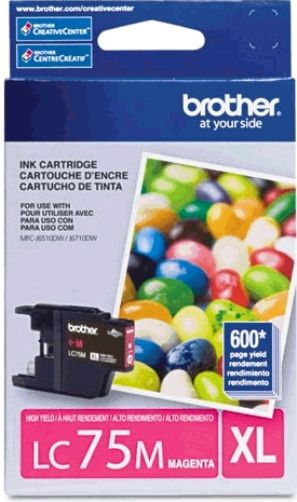 Brother LC75M Innobella High Yield (XL Series) Magenta Ink Cartridge for use with MFC-J280W, MFC-J425W, MFC-J430w, MFC-J435W, MFC-J5910DW, MFC-J625DW, MFC-J6510DW, MFC-J6710DW, MFC-J6910dw, MFC-J825DW and MFC-J835DW Printers, Approx. 600 pages in accordance with ISO/IEC 24711, New Genuine Original OEM Brother Brand, UPC 012502627326 (LC-75M LC 75M LC75-M LC75)