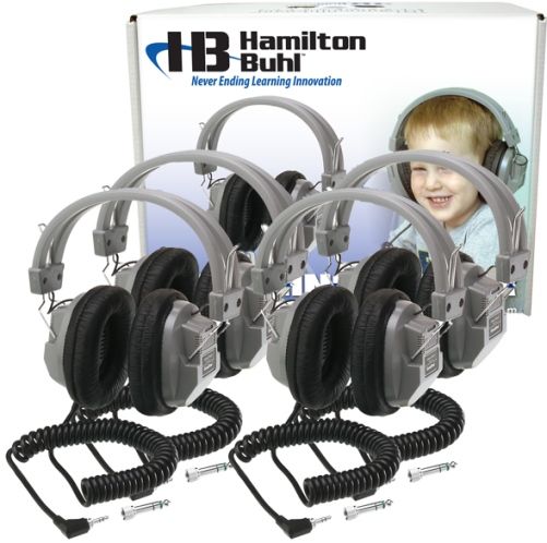 HamiltonBuhl LCB/4/HA7 Listening Center Lab Pack with Four HA7 Deluxe Headphones and Laminated Cardboard Carry Case, Replaceable Leatherette Cushions, Automatic Stereo/Mono Smart, 1/8