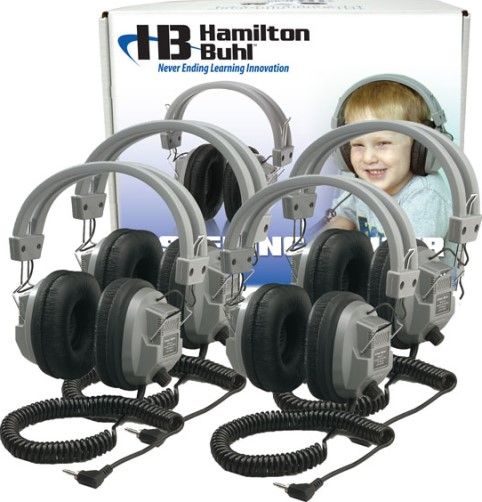 HamiltonBuhl LCB/4/SC7V Listening Center Lab Pack with Four SC-7V Deluxe Headphones and Laminated Cardboard Carry Case, Over-The-Ear Design, Volume Control On Ear Cup, Replaceable Leatherette Cushions, Automatic Stereo/Mono Smart, 1/8