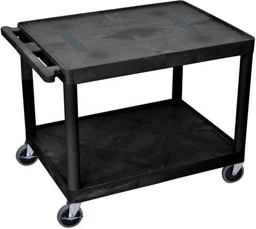 Luxor LE27-B Endura AV Cart with 2 Shelves, Black; Integral safety push handle which is molded into top shelf for sturdy grip; Molded plastic shelves and legs won't stain, scratch, dent or rust; 1/4