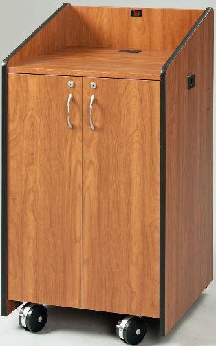 AVF Audio Visual Furniture International LE3050-MC Flat Top Lectern, Medium Cherry, Made with furniture grade laminates, Large flat work surface 23.5 w x 24 d, Large 23 w x 23 d x 33 h storage cabinet with locking doors, Adjustable interior shelf with cable pass-through, Cable ports in the top and bottom of the unit, Premium casters with brakes for easy maneuvering (LE3050MC LE3050 MC LE-3050-MC LE 3050-MC VFI)