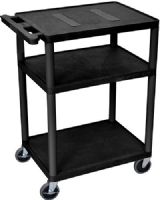 Luxor LE34-B Endura AV Cart with 3 Shelves, Black; Integral safety push handle which is molded into top shelf for sturdy grip; Molded plastic shelves and legs won't stain, scratch, dent or rust; 1/4" retaining lip and sure grip safety pads; "Cable track" cord management system keeps cords neatly secured; Cabling hole in top shelf with cord guide cover; UPC 812552019061 (LE34B LE34 LE-34-B LE 34-B) 