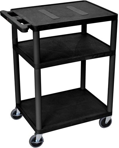 Luxor LE34-B Endura AV Cart with 3 Shelves, Black; Integral safety push handle which is molded into top shelf for sturdy grip; Molded plastic shelves and legs won't stain, scratch, dent or rust; 1/4