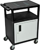 Luxor LE34C-B Endura AV Cart with 3 Shelves, Black; Includes steel cabinet with lock and two sets of keys; Integral safety push handle which is molded into top shelf for sturdy grip; Molded plastic shelves and legs won't stain, scratch, dent or rust; 1/4" retaining lip and sure grip safety pads; UPC 812552019078 (LE34CB LE34C LE-34C-B LE 34C-B) 