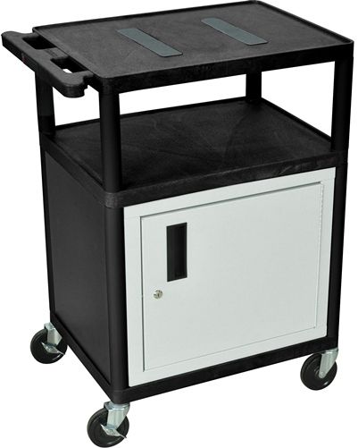 Luxor LE34C-B Endura AV Cart with 3 Shelves, Black; Includes steel cabinet with lock and two sets of keys; Integral safety push handle which is molded into top shelf for sturdy grip; Molded plastic shelves and legs won't stain, scratch, dent or rust; 1/4