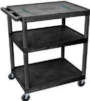 Luxor LE40-B Endura AV Cart with 3 Shelves, Black; Integral safety push handle which is molded into top shelf for sturdy grip; Molded plastic shelves and legs won't stain, scratch, dent or rust; 1/4" retaining lip and sure grip safety pads; "Cable track" cord management system keeps cords neatly secured; Cabling hole in top shelf with cord guide cover; UPC 812552019085 (LE40B LE40 LE-40-B LE 40-B) 