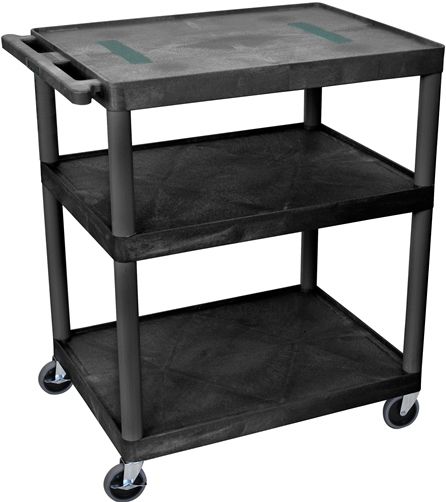 Luxor LE40-B Endura AV Cart with 3 Shelves, Black; Integral safety push handle which is molded into top shelf for sturdy grip; Molded plastic shelves and legs won't stain, scratch, dent or rust; 1/4