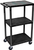 Luxor LE42-B Endura AV Cart with 3 Shelves, Black; Integral safety push handle which is molded into top shelf for sturdy grip; Molded plastic shelves and legs won't stain, scratch, dent or rust; 1/4" retaining lip and sure grip safety pads; "Cable track" cord management system keeps cords neatly secured; Cabling hole in top shelf with cord guide cover; UPC 812552012598 (LE42B LE42 LE-42-B LE 42-B) 