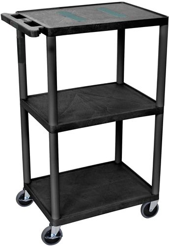 Luxor LE42-B Endura AV Cart with 3 Shelves, Black; Integral safety push handle which is molded into top shelf for sturdy grip; Molded plastic shelves and legs won't stain, scratch, dent or rust; 1/4