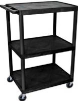 Luxor LE48-B Endura AV Cart with 3 Shelves, Black; Integral safety push handle which is molded into top shelf for sturdy grip; Molded plastic shelves and legs won't stain, scratch, dent or rust; 1/4" retaining lip and sure grip safety pads; "Cable track" cord management system keeps cords neatly secured; Cabling hole in top shelf with cord guide cover; UPC 812552012611 (LE48B LE48 LE-48-B LE 48-B) 