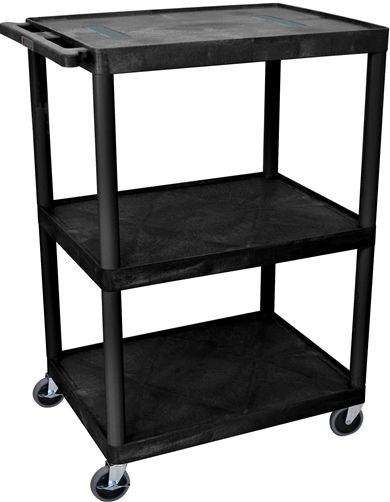 Luxor LE48-B Endura AV Cart with 3 Shelves, Black; Integral safety push handle which is molded into top shelf for sturdy grip; Molded plastic shelves and legs won't stain, scratch, dent or rust; 1/4