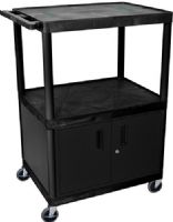 Luxor LE48C-B Endura AV Cart with 3 Shelves, Black; Includes steel cabinet with lock and two sets of keys; Integral safety push handle which is molded into top shelf for sturdy grip; Molded plastic shelves and legs won't stain, scratch, dent or rust; 1/4" retaining lip and sure grip safety pads; UPC 812552019146 (LE48CB LE48C LE-48C-B LE 48C-B) 